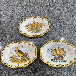 Set of Three Decorative Plates with Yellow Trim